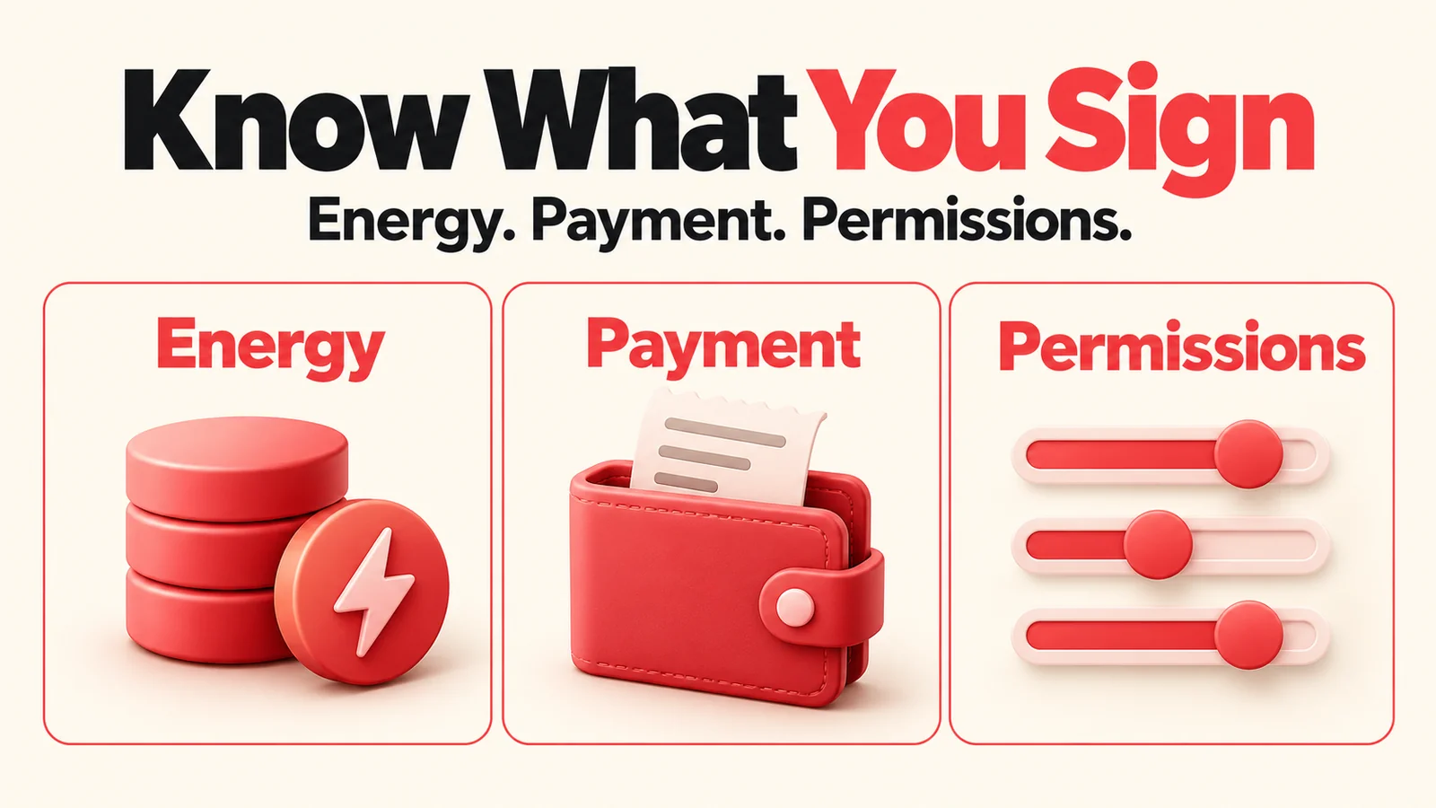 Cream and red illustration with three separate cards for Energy, Payment and Permissions, showing resource units, a wallet and permission sliders.