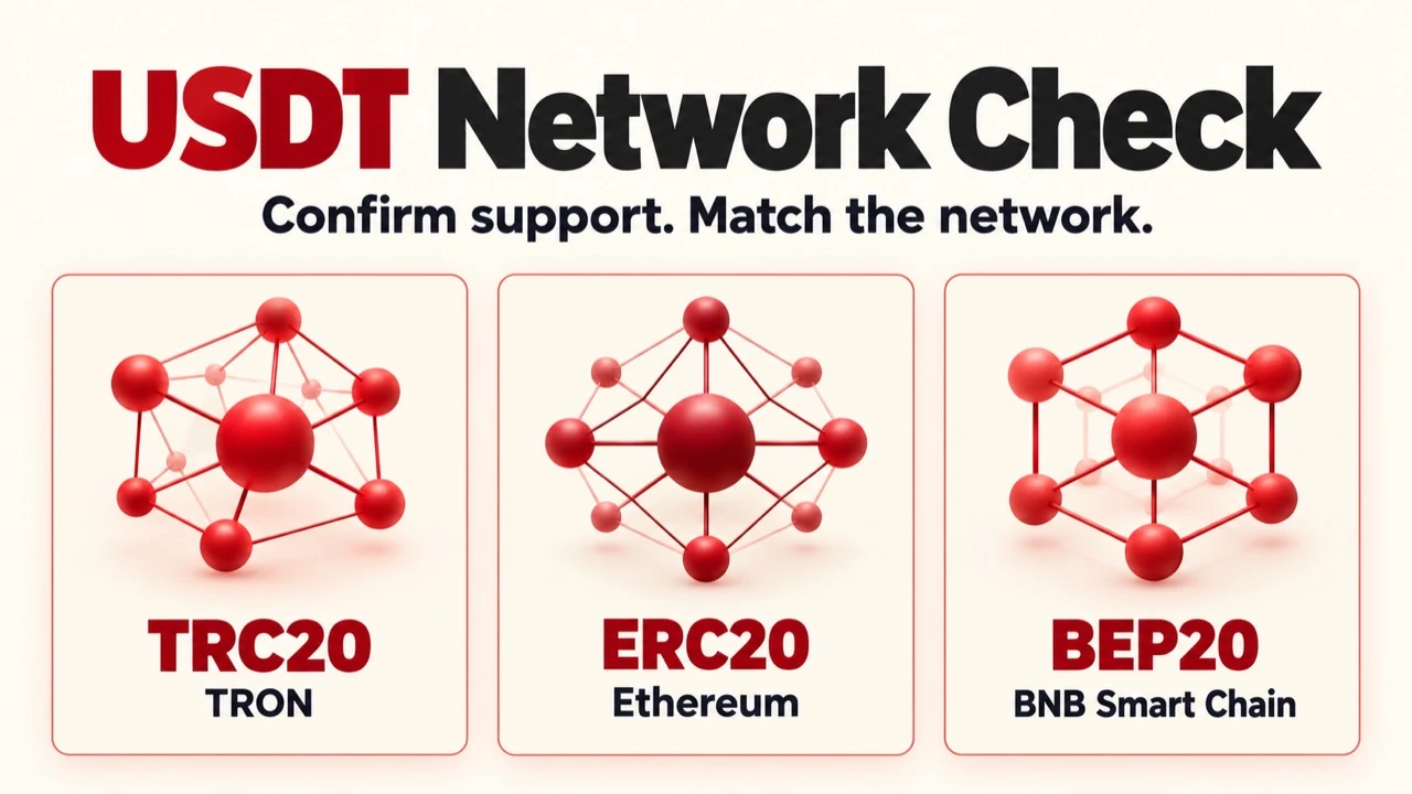 USDT network-check illustration with separate TRON, Ethereum and BNB Smart Chain cards, reminding readers to confirm receiving support and match the sending network.